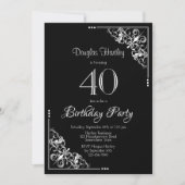 Zwarte en witte decoratieve grens 40e verjaardag kaart (Voorkant)