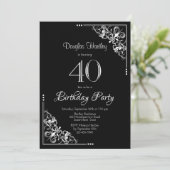 Zwarte en witte decoratieve grens 40e verjaardag kaart (Staand voorkant)