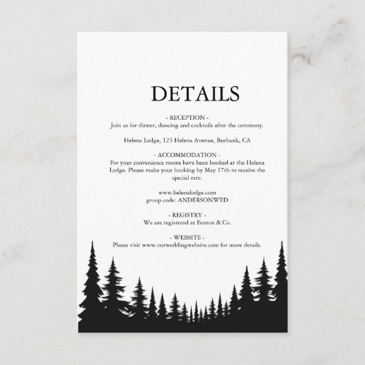 Zwarte en witte dennenbomen Winter Wedding Informatiekaartje (Voorkant)