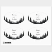 Zwarte en witte dennenbomen Winter Wedding Ovale Sticker (Vel)