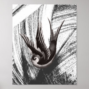 Zwarte en witte doedeltekening van een vogel poster