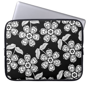 Zwarte en witte doodbloem patternblack, abstrac laptop sleeve