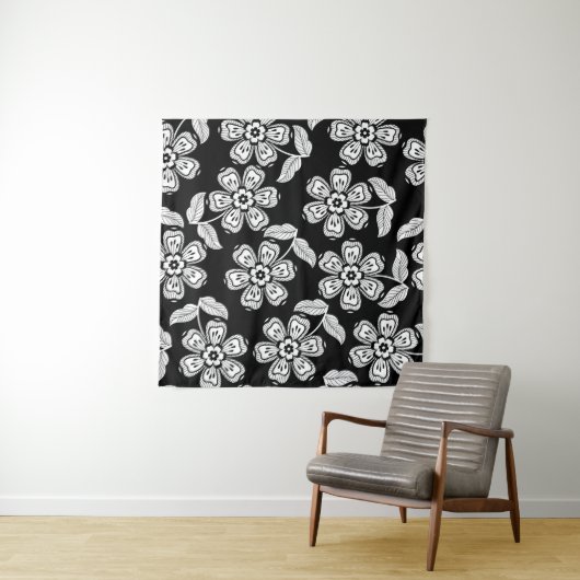 Zwarte en witte doodbloem patternblack, abstrac wandkleed (In Situ (horizontaal))