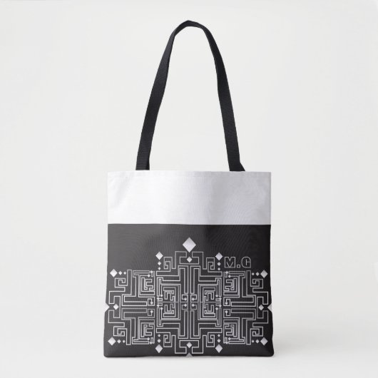 Zwarte en witte doolhofpatroon met monogram tote bag (Voorkant)
