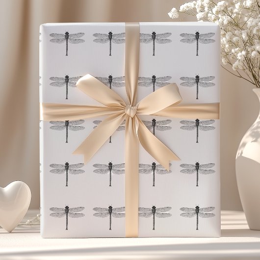  zwarte en witte dragonfly-illustratie cadeaupapier