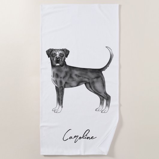 Zwarte en Witte Duitse Boxer Hond & Aangepaste Naa Strandlaken (Voorkant)