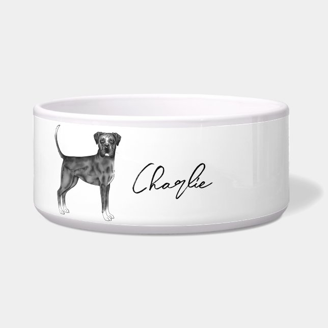 Zwarte en Witte Duitse Boxer Hond & Aangepaste Naa Voerbakje (Voorkant)