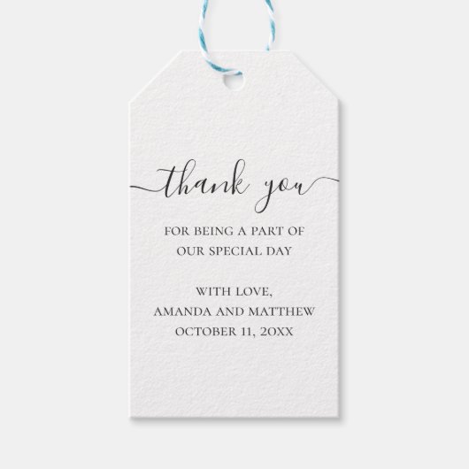 Zwarte en witte eenvoudige script bruiloft bedankt cadeaulabel (Voorkant)