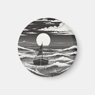 Zwarte en witte eenzame boot op de oceaan magneet