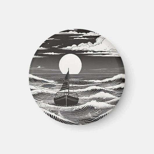 Zwarte en witte eenzame boot op de oceaan magneet (Voorkant)