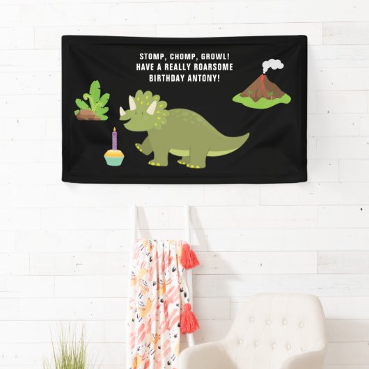 Zwarte en witte eerste verjaardag Dinosaur over de Spandoek (Insitu)