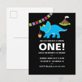 Zwarte en witte eerste verjaardag Dinosaur over de Uitnodiging Briefkaart (Voorkant / Achterkant)