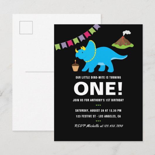 Zwarte en witte eerste verjaardag Dinosaur over de Uitnodiging Briefkaart (Voorkant / Achterkant)