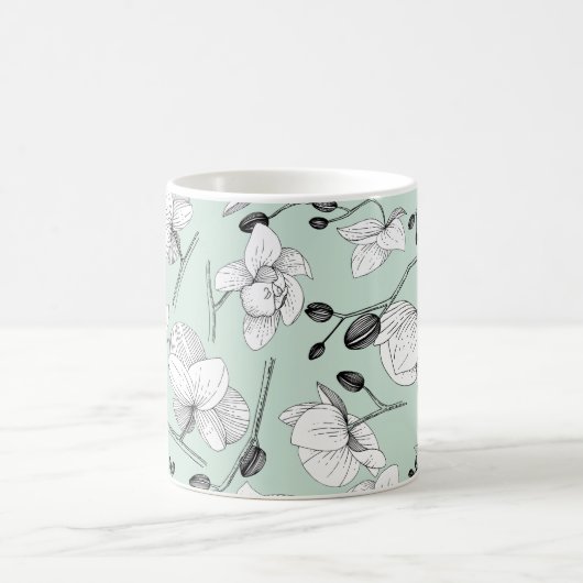 Zwarte en witte elegant orchidee, moderne munt koffiemok (Center)