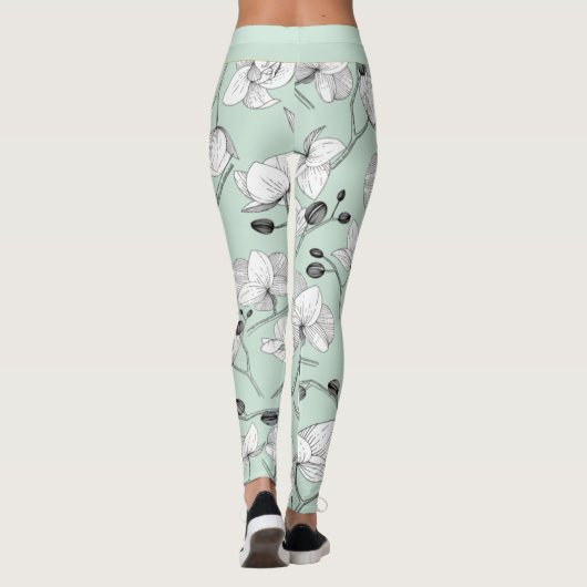 Zwarte en witte elegant orchidee, moderne munt leggings (Achterkant)