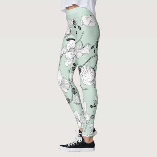 Zwarte en witte elegant orchidee, moderne munt leggings (Links)