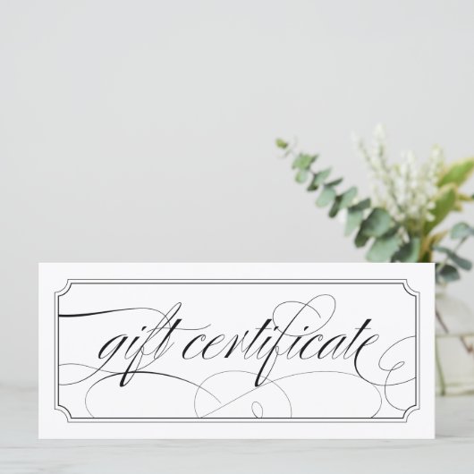Zwarte en Witte Elegant Script Cadeaubonnen (Staand voorkant)