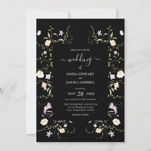 Zwarte en Witte Elegant Wildbloemen Floral Wedden Kaart (Voorkant)