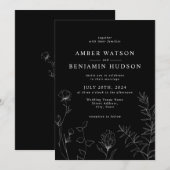 Zwarte en Witte Elegant Wildbloemen Floral Wedden Kaart (Voorkant / Achterkant)