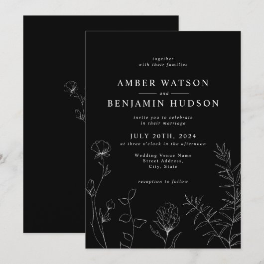 Zwarte en Witte Elegant Wildbloemen Floral Wedden Kaart (Voorkant / Achterkant)