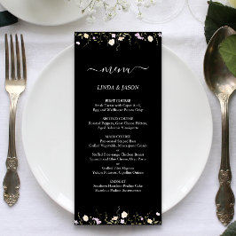 Zwarte en Witte Elegant Wildbloemen Floral Wedden Menu