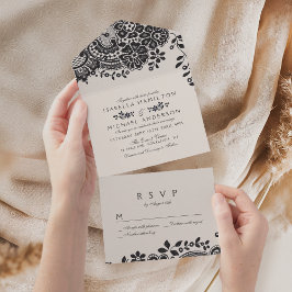 Zwarte en witte elegante bruiloft all in one uitnodiging