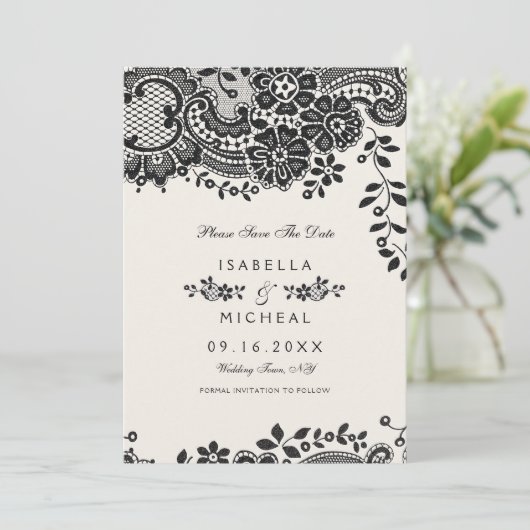 Zwarte en witte elegante kant, behalve de datum save the date (Staand voorkant)