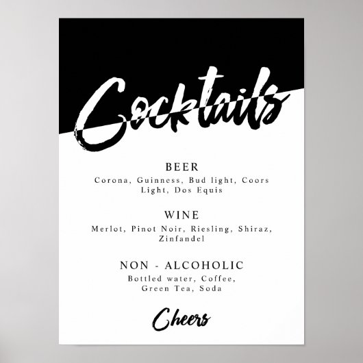 Zwarte en Witte Feest Drankmenu met Chic Uiterlijk Poster (Voorkant)