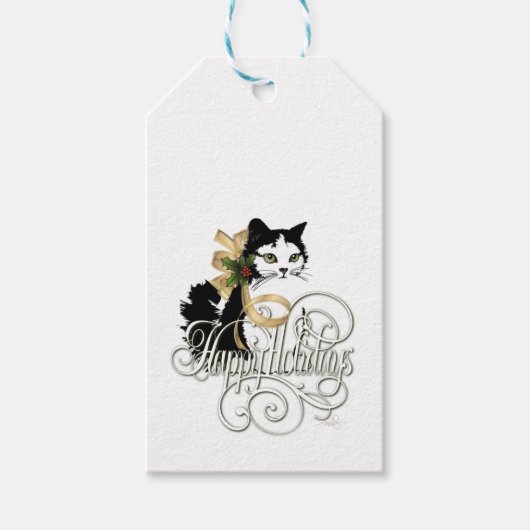 Zwarte en witte feestkat cadeaulabel (Voorkant)
