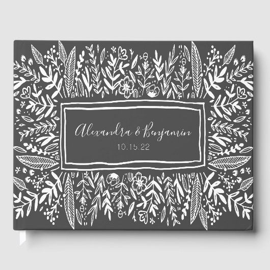 Zwarte en witte Floral Art Border Name Wedding Gastenboek (Voorkant)