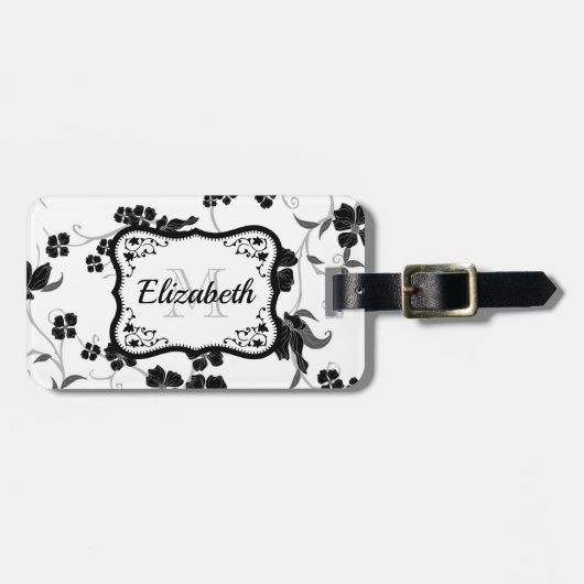 Zwarte en witte Floral Bagagelabel (Voorkant horizontaal)