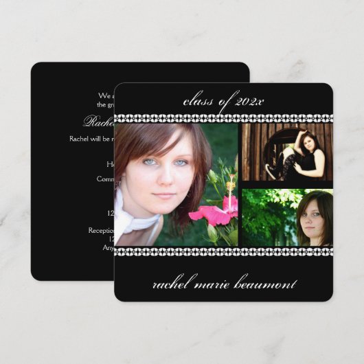 Zwarte en witte Floral Border Foto Afstuderen Kaart (Voorkant / Achterkant)