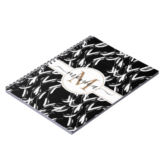 Zwarte en witte Floral botanische goudmonogrammen Notitieboek (Linkerzijde)