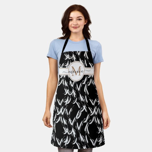 Zwarte en witte Floral botanische goudmonogrammen Schort (Gedragen)