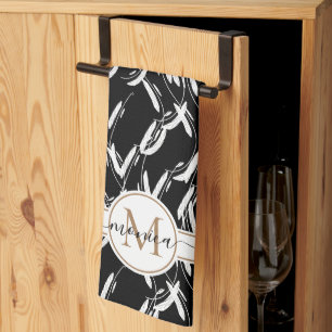 Zwarte en witte Floral botanische goudmonogrammen Theedoek
