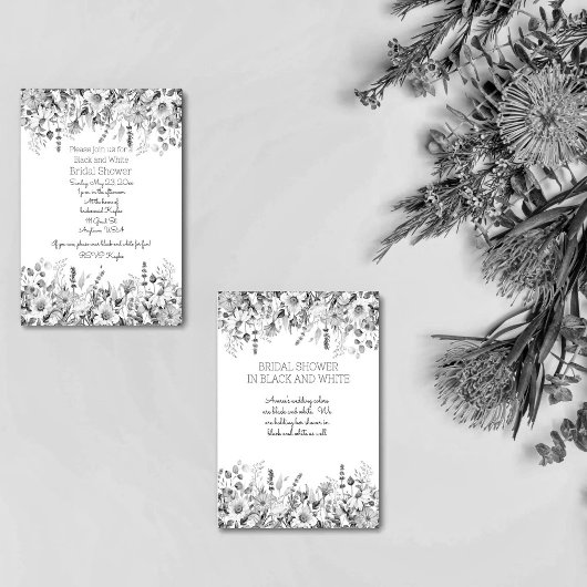 Zwarte en Witte Floral Bridal Shower Invitation Kaart