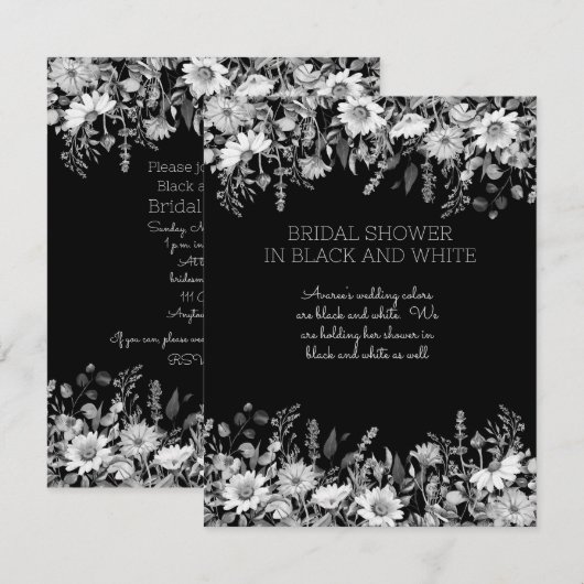 Zwarte en Witte Floral Bridal Shower Invitation Kaart (Voorkant / Achterkant)