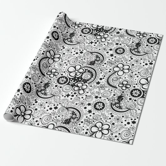 Zwarte en witte Floral Cadeaupapier (Uitgerold)