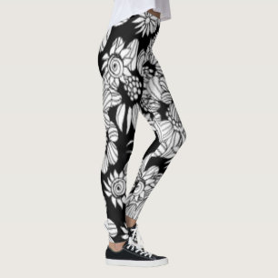 Zwarte en witte Floral Comfy Yoga Pants Leggings