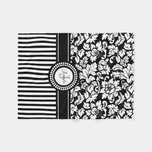 Zwarte en witte Floral Damask & Stripes Monogram Fleece Deken (Voorkant (Horizontaal))