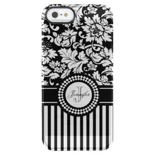 Zwarte en witte Floral Damask & Stripes Monogram Doorzichtig iPhone SE/5/5s Hoesje