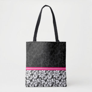 Zwarte en witte  Floral Damask Tote Bag