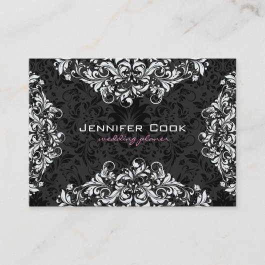 Zwarte en witte Floral Damaskers 3 Wedding Planner Visitekaartje (Voorkant)