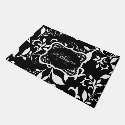 Zwarte en witte Floral Deurmat (Schuin)