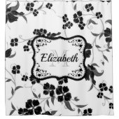 Zwarte en witte Floral Douchegordijn (Voorkant)