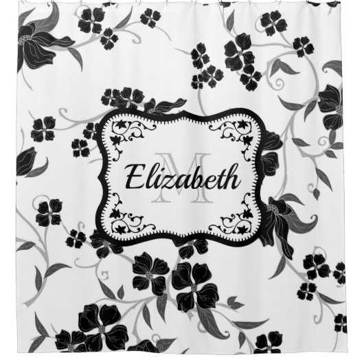 Zwarte en witte Floral Douchegordijn (Voorkant)