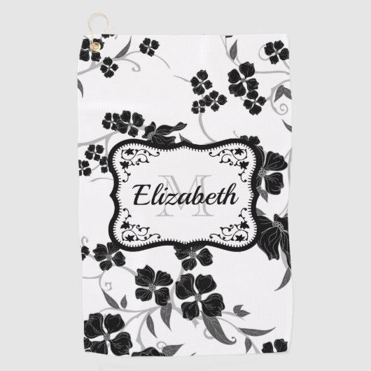Zwarte en witte Floral Golfhanddoek (Voorkant)