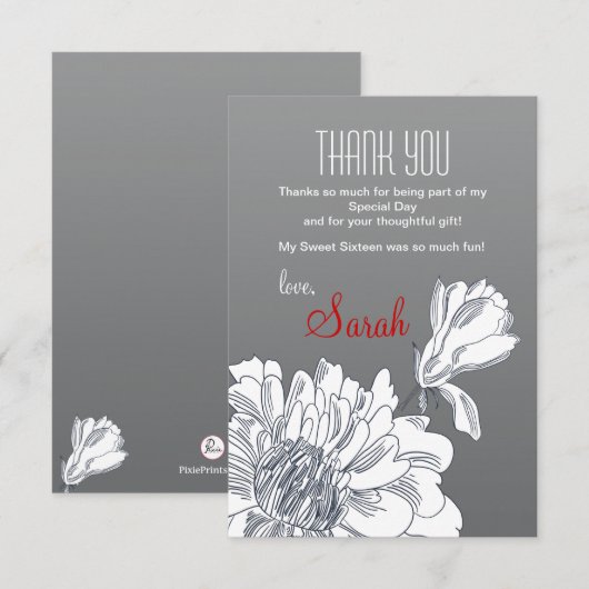 Zwarte en Witte Floral Hartelijk dank Bedankkaart (Voorkant / Achterkant)
