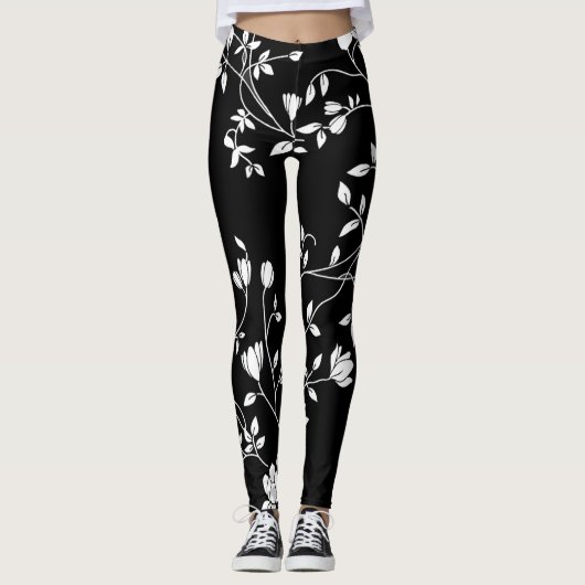 Zwarte en witte Floral Leggings (Voorkant)