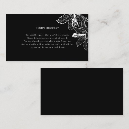Zwarte en witte Floral Lilies Recipe-aanvraagkaart Visitekaartje (Voorkant / Achterkant)